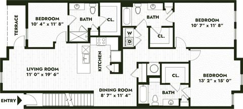 Floor plan for 3 beds, 3 baths, 1580 sqft