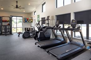Vancouver apartment for rent - A gym with treadmills, elliptical machines, and a fan.