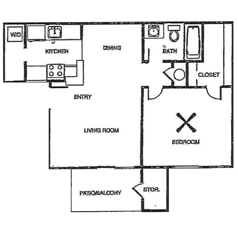 Floor plan for 1 bed, 1 bath, 624 sqft