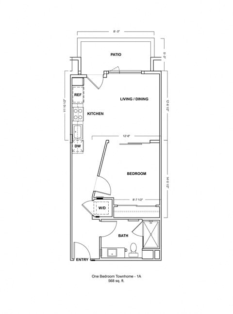 Floor plan for 1 bed, 1.5 baths, 885 sqft