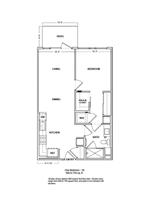 Floor plan for 1 bed, 1 bath, 732 sqft