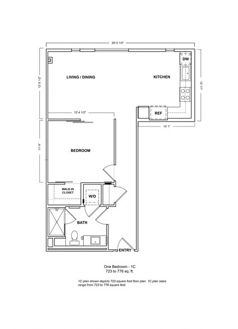 Floor plan for 1 bed, 1 bath, 776 sqft