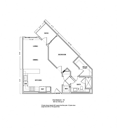 Floor plan for 1 bed, 1 bath, 725 sqft
