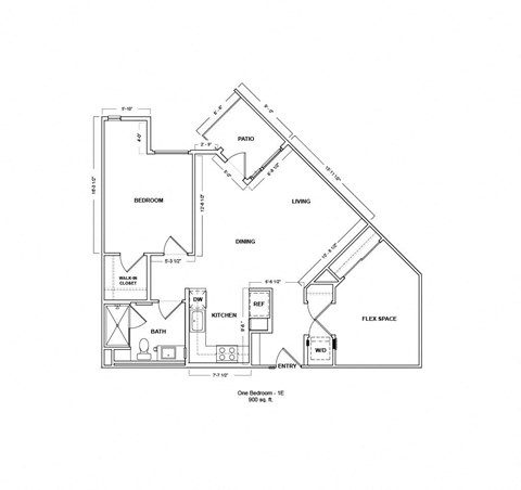 Floor plan for 1 bed, 1 bath, 900 sqft