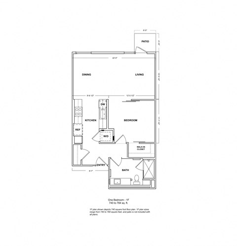 Floor plan for 1 bed, 1 bath, 762 sqft