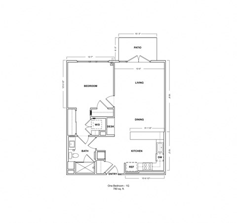 Floor plan for 1 bed, 1 bath, 780 sqft