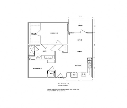 Floor plan for 1 bed, 1 bath, 826 sqft