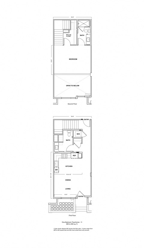 Floor plan for 1 bed, 1.5 baths, 900 sqft