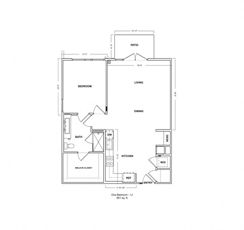 Floor plan for 1 bed, 1 bath, 901 sqft