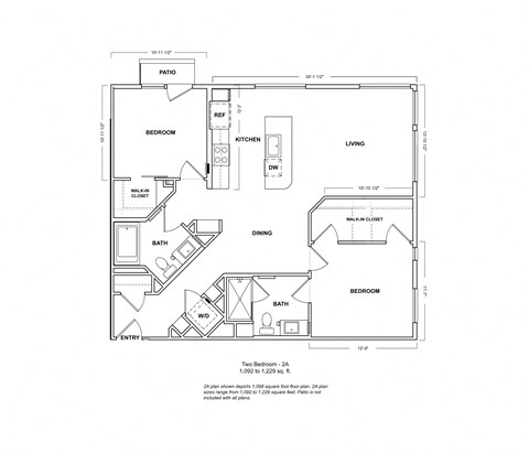 Floor plan for 2 beds, 2 baths, 1141 sqft