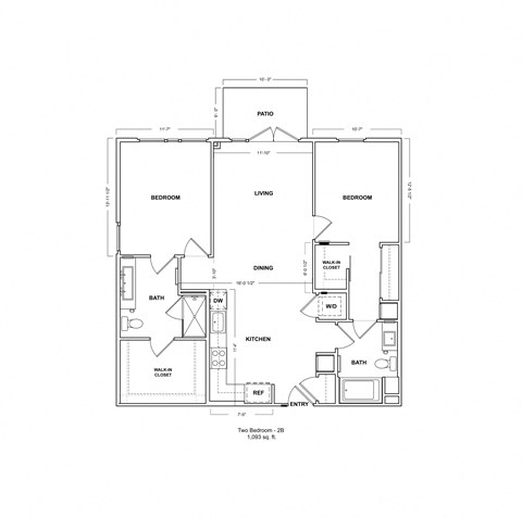 Floor plan for 2 beds, 2 baths, 1093 sqft