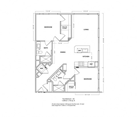 Floor plan for 2 beds, 2 baths, 1049 sqft