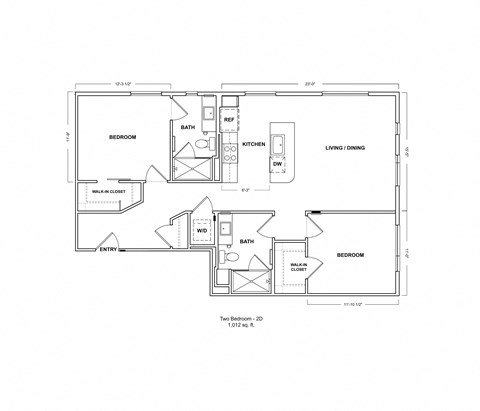 Floor plan for 2 beds, 2 baths, 1012 sqft