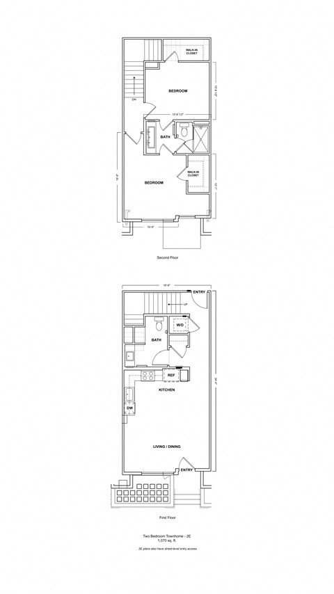 Floor plan for 2 beds, 1.5 baths, 1070 sqft