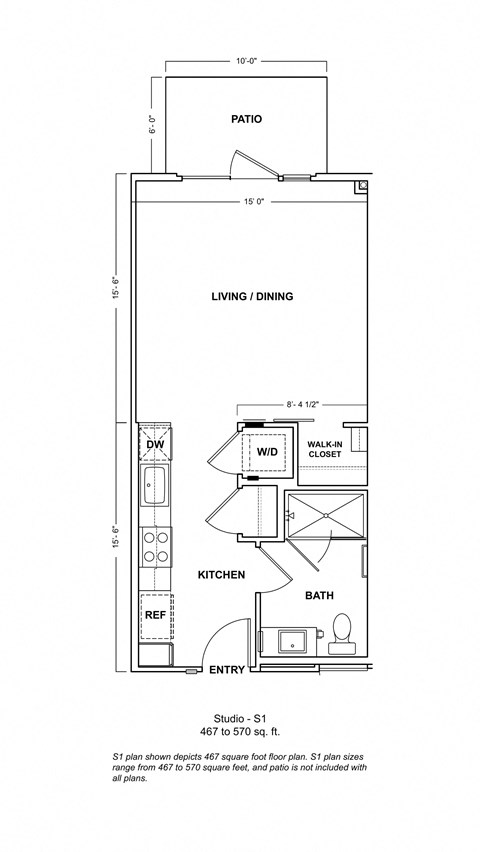 Floor plan for studio, 1 bath, 555 sqft