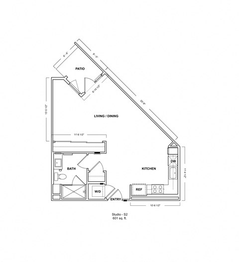 Floor plan for studio, 1 bath, 601 sqft