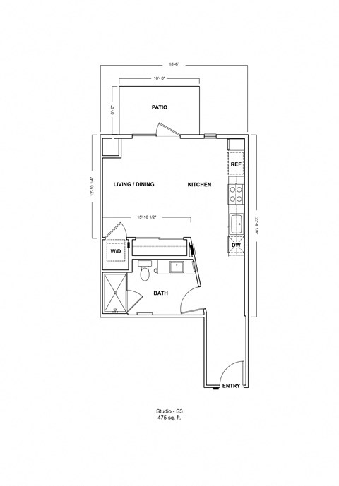 Floor plan for studio, 1 bath, 475 sqft