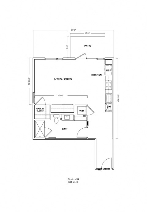 Floor plan for studio, 1 bath, 594 sqft