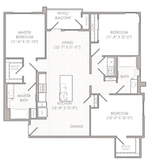 Floor plan for 3 beds, 2 baths, 1409 sqft