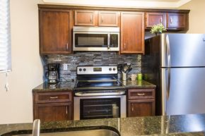 San Antonio apartment for rent - a kitchen with wooden cabinets and granite countertops