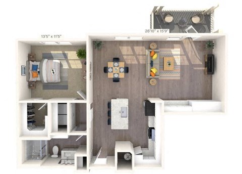 Floor plan for 1 bed, 1 bath, 910 sqft