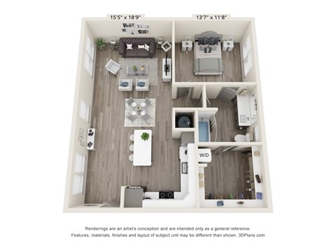 Floor plan for 1 bed, 1 bath, 940 sqft
