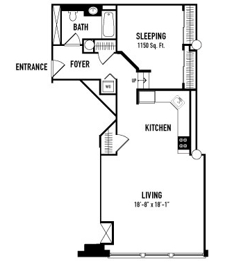 Floor plan for 1 bed, 1 bath, 966 sqft