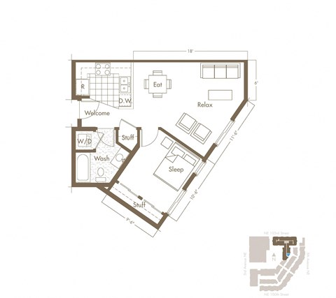Floor plan for 1 bed, 1 bath, 597 sqft
