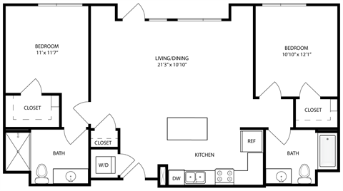 Floor plan for 2 beds, 2 baths, 980 sqft