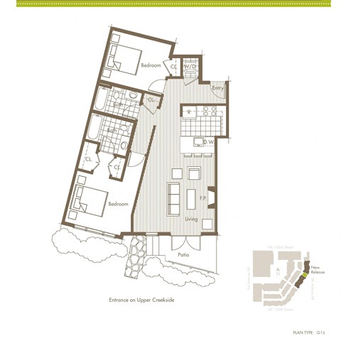 Floor plan for 1 bed, 1 bath, 970 sqft