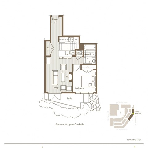 Floor plan for 1 bed, 1 bath, 605 sqft