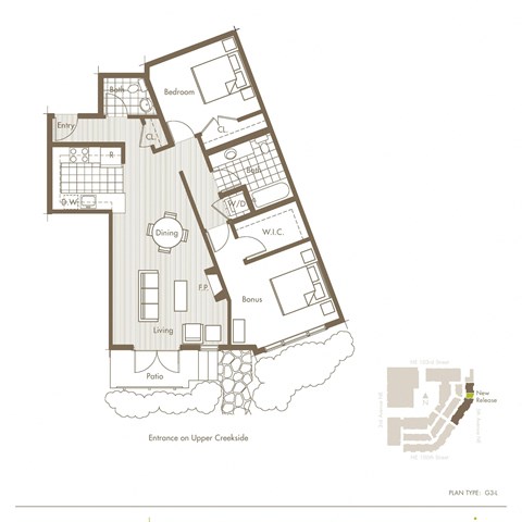 Floor plan for 1 bed, 1.5 baths, 929 sqft