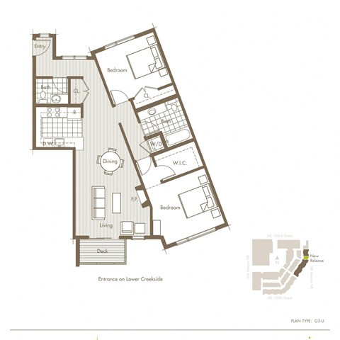 Floor plan for 2 beds, 1.5 baths, 1090 sqft