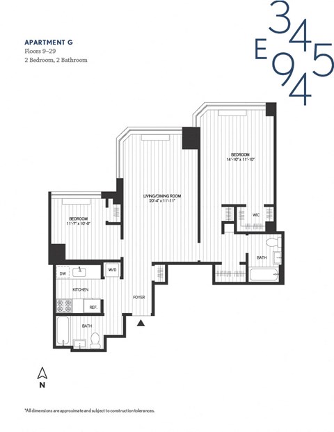 Floor plan for 2 beds, 2 baths, 953 sqft