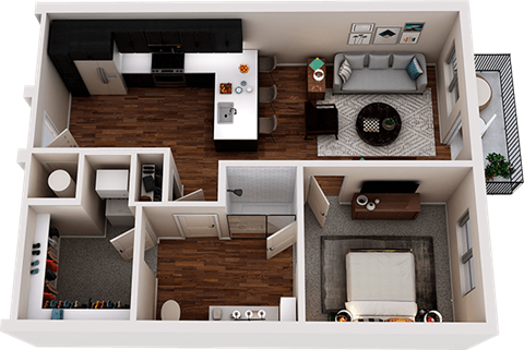 Floor plan for 1 bed, 1 bath, 768 sqft