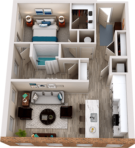 Floor plan for 1 bed, 1 bath, 884 sqft