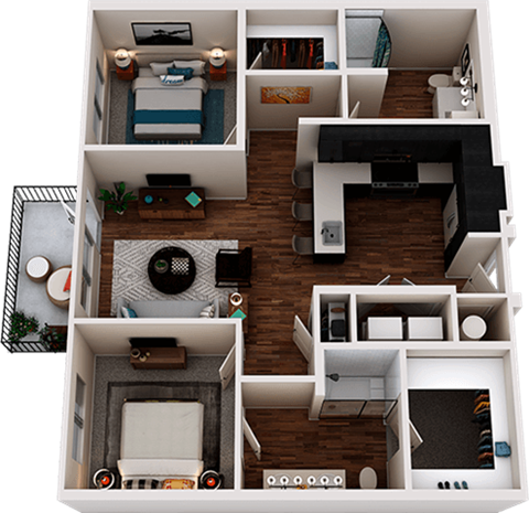 Floor plan for 2 beds, 2 baths, 1167 sqft