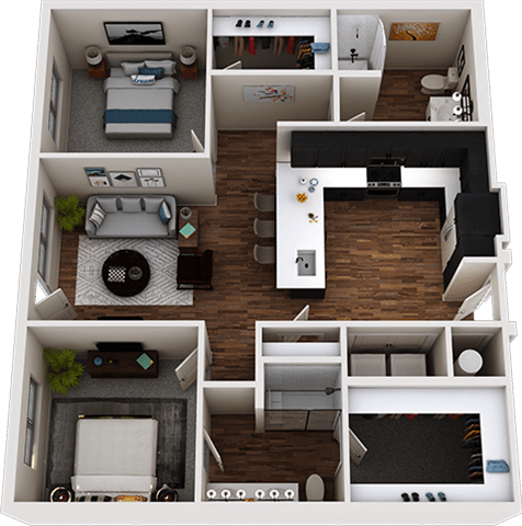 Floor plan for 2 beds, 2 baths, 1154 sqft