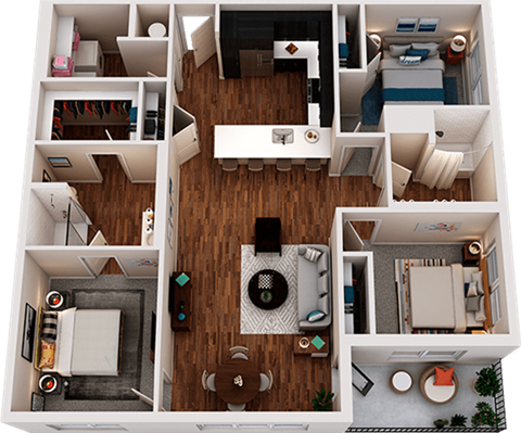 Floor plan for 3 beds, 2 baths, 1405 sqft