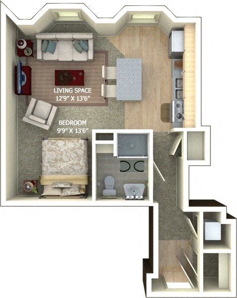 Floor plan for studio, 1 bath, 618 sqft