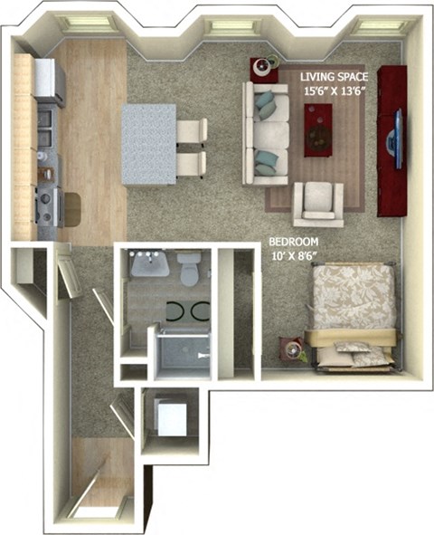 Floor plan for studio, 1 bath, 640 sqft