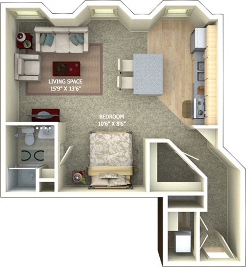 Floor plan for studio, 1 bath, 687 sqft