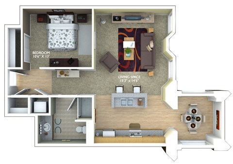 Floor plan for 1 bed, 1 bath, 859 sqft