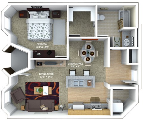 Floor plan for 1 bed, 1 bath, 847 sqft