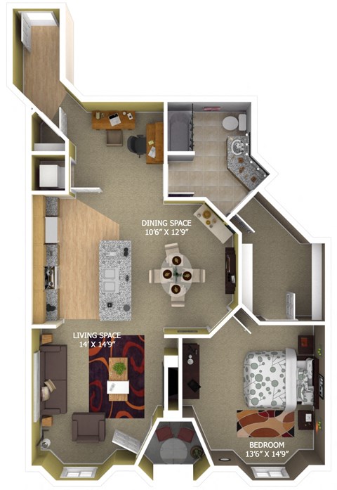 Floor plan for 1 bed, 1 bath, 984 sqft