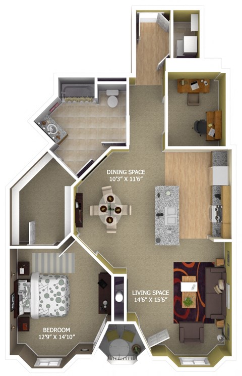 Floor plan for 1 bed, 1 bath, 1022 sqft