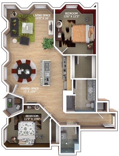 Floor plan for 2 beds, 2 baths, 1138 sqft