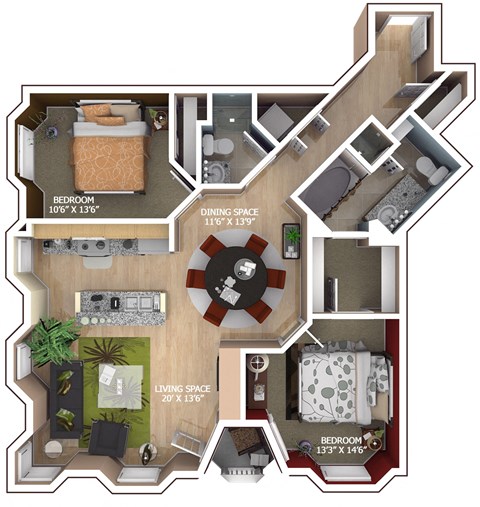 Floor plan for 2 beds, 2 baths, 1229 sqft