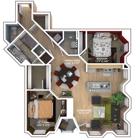 Floor plan for 2 beds, 2 baths, 1264 sqft