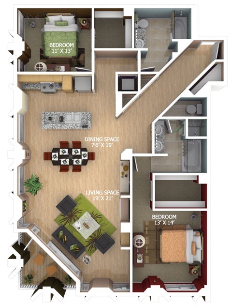 Floor plan for 2 beds, 2 baths, 1602 sqft